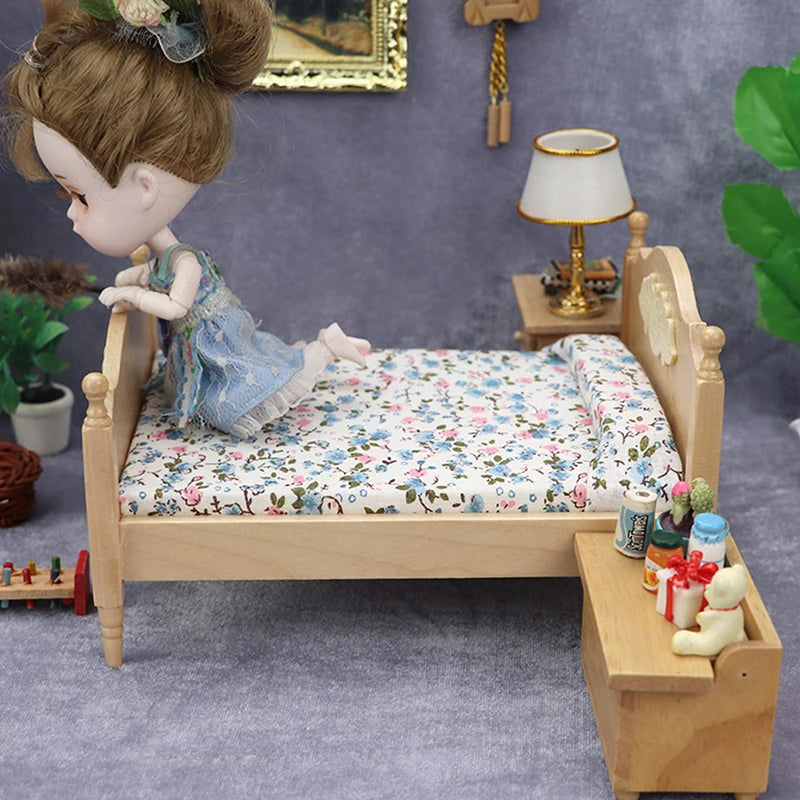 1/12 Dollhouse Metal/Wooden Mini Single/Double Bed Bedroom Furniture Toy Living Room Furniture Model Handmade Toy