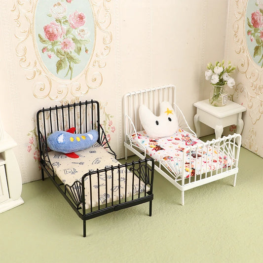 1:12 miniature bed for dolls Dollhouse Iron doll bed Furniture toy children simulation house role play toys collection gifts