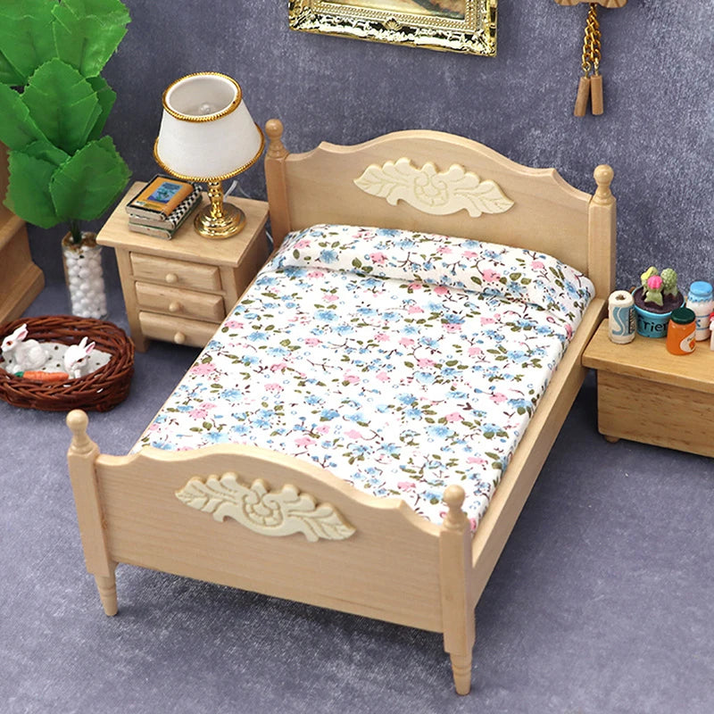 1/12 Dollhouse Metal/Wooden Mini Single/Double Bed Bedroom Furniture Toy Living Room Furniture Model Handmade Toy